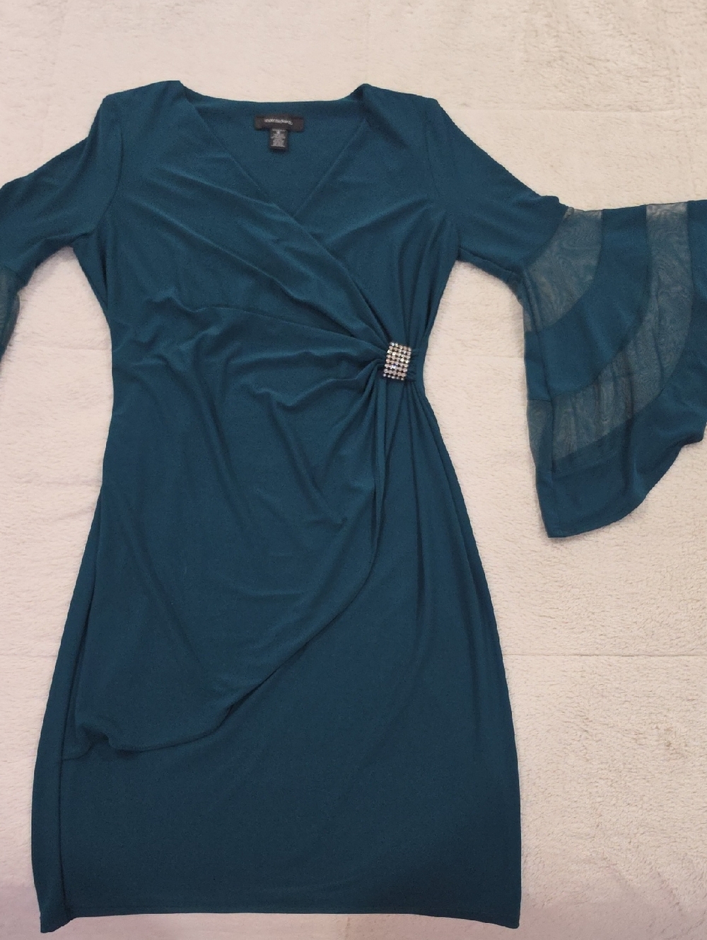 R&M Richards Teal Faux-Wrap Dress with Sheer Bell Sleeves